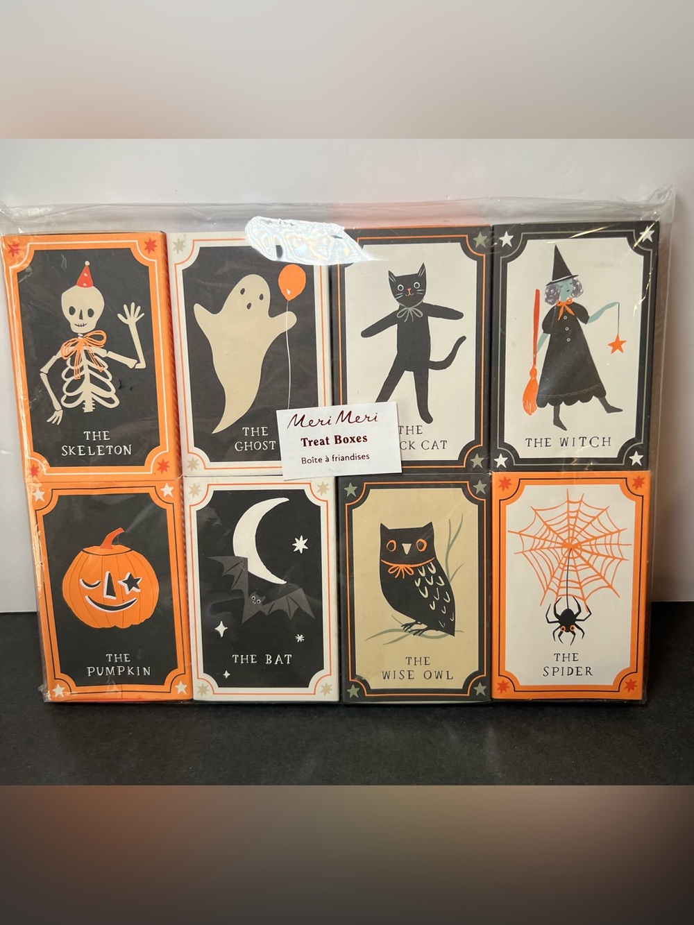 8 Meri Meri Halloween Treat Boxes Skeleton Ghost Witch Owl Bat Pumpkin Black Cat